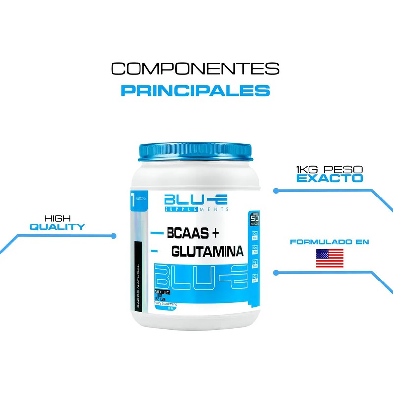 Blu-e Supplements BCAAs Glutamina Polvo Sabor Natural 1kg Aminoácidos