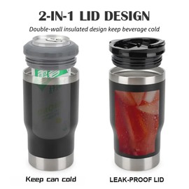 4 in 1 Travel Mug and Can Insulator for 12 oz Can and Beer Bottle. Stainless Steel Vacuum Insulated Cup and Thermocooler. (Pink)