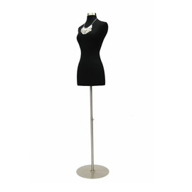 (JF-F2/4BK+BS-04) Size 2-4 Premium Black Female Fully Pinnable Mannequin Dress Form with Round Brushed Metal Base and Neck Top.