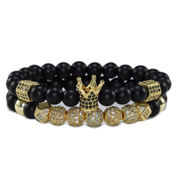 HYHONEY 2PCS/Set Micro Pave Zircon 8mm Charm Beads Bracelet for