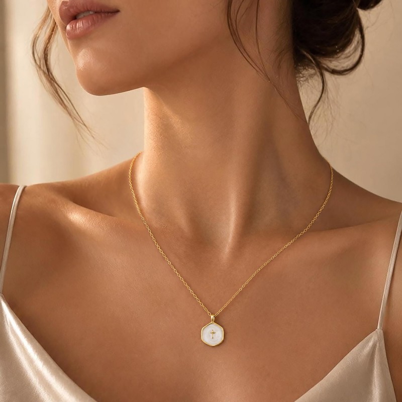 CTEEGN 14K Gold Plated Dainty Cross Necklace for Women White
