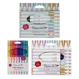 Docrafts Papermaina Marker Bundle, 1 Pack Of 8 Metallic Bullet Tip Pens, 1 Pack Metallic Brush Tip Pens, 1 Pack Of 8 Bullet Tip Glitter Marker Pens For Doodling, Borders, Patterns, Craft Projects