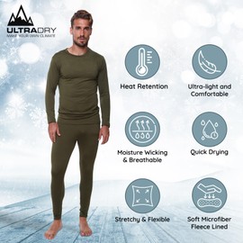 Men Thermal Underwear Long John Set for Cold Weather Mens 2 pc Long Sleeve Top and Pants Fleece Lined Base Layer Thermals Olive Green-Large