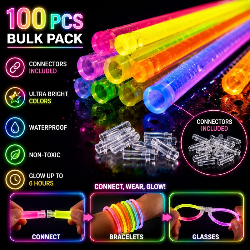 100-Pack Glow Sticks for Party Favors – Connectable Light Up