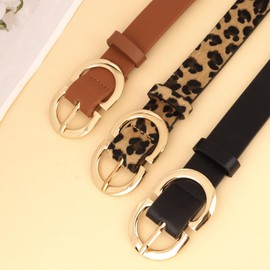 BAHABY 3 Pack Leather Belts for Women Jeans Dresses Pants Waist Belt Womens Black Brown Leopard Belt with Gold Buckle- 47 Inches