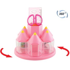 EXERZ Rotary Desk Organiser Pen Tidy Set with 5 Accessory Boxes -with Safety Scissors (NOT Sharp), Ruler, Tape Dispenser, Eraser, Clips (Pink)