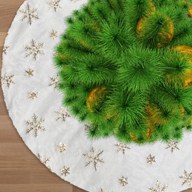 Jsdoin Christmas Tree Skirts, 36 Inch White Plush Double Layers Tree Skirt with Gold Snowflake Printed, Xmas Tree Base Cover for Christmas New Year Home Decoration(90cm)