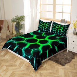 Honeycomb Single Bedding Sets for Boys Kids Black Green Hexagon Geometrical Duvet Cover,3D Geometric Beehive Pattern Hexagonal Comforter Cover Neon Lights Glowing Bed Set Ultra Soft Room Decor