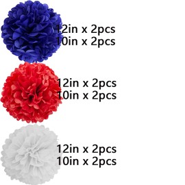 Red, Blue and White Paper Pom Poms Decorations for Wedding Birthday Party DecorationCeiling Wall Hanging Tissue Flowers Decorations - 12pcs,3 Colors of 12 Inch, 10 Inch