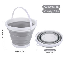 PATIKIL 5L Collapsible Bucket, 3 Pack Portable Folding Beach Bucket Plastic Outdoor Pail for Camping Fishing Car Washing, Gray