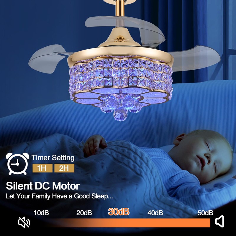 Zynfandor 30" RGB Retractable Crystal Ceiling Fan with Light Dimmable