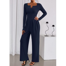 PRETTYGARDEN Jumpsuits for Women Dressy Casual 2025 Fall One Piece Outfits Long Sleeve Crew Neck Wide Leg Pants Rompers (Navy Blue,Large)