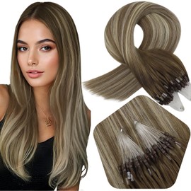 Full Shine Micro Link Human Hair Extensions Color 3 Sandy Brown Ombre 8 Ash Brown and 22 Blonde Micro Ring Hair Extensions Human Hair Straight 50 Strands Micro Beads Extensions Real Human 14 Inch 50g