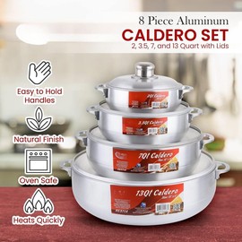 Aluminum Caldero Stock Pot Set (2/3.5/7/13 Quart), Cosine Cooking Dutch Oven, Serve Large & Small Groups, Riveted Handles, Commercial Grade (8  Set) - Color: Aluminum Lid