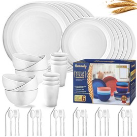 Wheat Straw Dinnerware Sets,48-Piece Plates and Bowls Sets for 6-Unbreakable,Reusable Plastic Dish Set-Dinner Plate/Dessert Plate/Cereal Bowl/Cup/Utensils-Microwavable Dishwasher Safe 48P-Light Gray