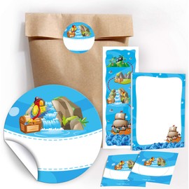Party Bags Children's Birthday 12 Gift Bags + 12 Stickers + 12 Bookmarks + 12 Mini Notepads Pirates / Guest Gift for Children Girls Boys Birthday Party Accessories Giveaways Treasure Hunt