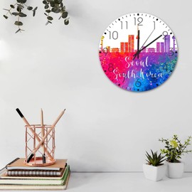 Autravelco Wood Wall Clock Round Silent Non-Ticking South Korea Seoul Country Wall Clocks Colorful City Skyline Wall Decor for Entryway Patio Pool 12 Inch