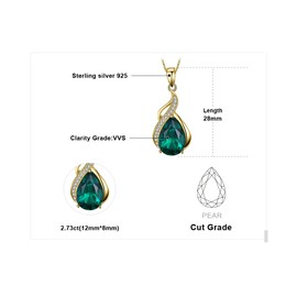 JewelryPalace Teardrop Cut 2.8ct Simulated Emerald Chain Pendant 45 cm, Green Jewellery Necklace Women's Silver 925 Necklace Women's Gemstone Girls Cubic Zirconia Jewellery with Stone Women Rose Gold