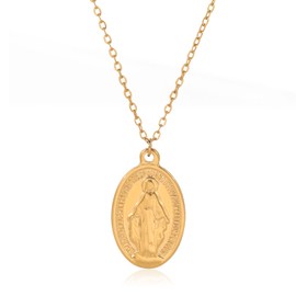 kkjoy Miraculous Medal Madonna Pendant Necklace Stainless Steel Oval Shape Virgin Mary Pendant Necklace Religious Jewelry Holy Communion Christening Gift