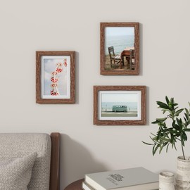 5x7 Picture Frame, Solid Oak Wood 5 x 7 Frame with Plexiglass, 5 by 7 Photo Frame for Wall & Tabletop Display, 5x7 Picture Frame Matted to 4x6, Walnut Color, 3 Pack