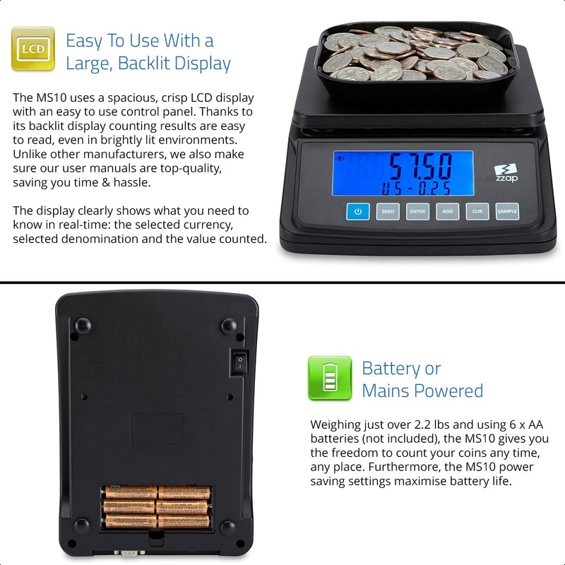 ZZap MS10 Coin Counting Scale - Money Cash Currency Weighing