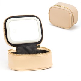 STORICANS Small Makeup Bag with LED Mirror, Mini Cosmetic Bag for Purse,3 Adjustable Brightness,PU Material,USB Charging,5.9 x 4.5 x 2.8 inch,Cute Preppy Beige
