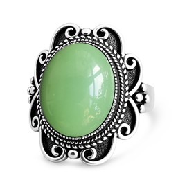 Natural Oval Green Dongling Jade Stone Boho Ring,Retro Antique S925 Sterling Silver Crystal Quartz Gemstone Wide Chunky Bohemian Statement Ring Jewelry for Women Her (A05_Dongling Jade, 7)