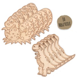 JEKA 10 Wooden Motifs for Painting, 5 Times Dino and Egg, Party Bag Children's Birthday, Wooden Craft Set Children, Dino for Painting, Crafts for Children