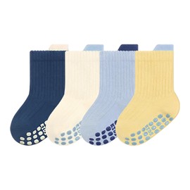 Dioshark Kinder Rutschfeste Socken Baby Jungen, 4 Paar ABS Anti Rutsch Socken Baumwoll Krabbelsocken Winter Herbst Frühling Antirutschsocken Kindersocken Set für 1-3 Jahre, Marine Blau Weiss Gelb