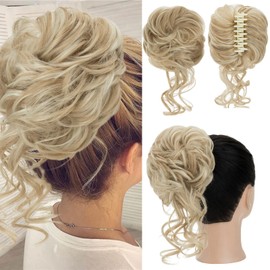 S-noilite Claw Clip Messy Bun Hair Pieces Tousled Updo Fake Hair Bun Wavy Curly Messy Bun with Claw Clip Hair Scrunchies Hair Bun Hair Pieces for Women(18H613#Dark Blonde & Bleach Blonde)