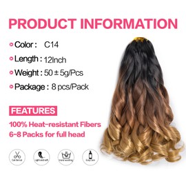 Short French Curl Braiding Hair,#C14 Spanish Curly Braiding Hair Extensions 8 pack 12 inch 50g/pack Synthetic French Curls Crochet Hair Extensions(12 inch,8 pack,C14)