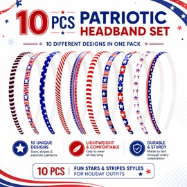 ZIRICHER 10 Pcs 4th of July Headbands for Women Girls, Patriotic Red White Blue Star Stripes Hair Bands, Soft Comfortable Hair Accessories for Independence Day, Parties, Daily Outfits (blue)