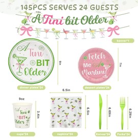 YMDOBIGER A Tini Bit Older Birthday Decorations, Martini Plates and Napkins Party Supplies with Banner Cups Forks Knives Disposable Tableware Set for Birthday Bachelorette Decor Serves 24