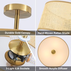 ZXFGNF 3 Lights Rattan Light Fixtures Ceiling Mount, Gold Boho Semi Flush Mount Ceiling Light, 14" Rustic Drum Light with Hand-Woven Shade for Dining Room, Kitchen, Bedroom, Hallway, Foyer, Farmhouse