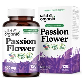 Wild & Organic Passion Flower Extract Capsules 600 mg - Relaxation & Mood Support - Passionflower Supplement - Passiflora Incarnata Herb - Vegan, No Fillers, Non-GMO - 120 Count