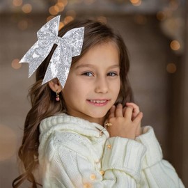 Jumbo Glitter Cheer Bow Hair Clip - 8 Inch Large Cheerleading Alligator Clips Sequin Hair Bow for Girls Teen Softball Cheerleader Outfit Uniform (Silver)