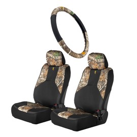 Realtree 3pc Camo Water Resistant Seat Cover Set for Trucks, Cars and SUVs - 2 Low Back Seat Covers and 1 Steering Wheel Cover (Browning | Edge - 3pc)
