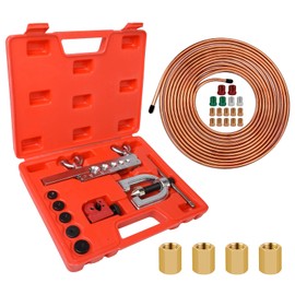 MuRealy Brake Line Repair Kit - 25 Feet 3/16" Copper Coated & Rust-Proof Brake Tubing Roll + Professional Double/Single Flaring Tool Kit with 16 Fittings & 4 Unions for Car, Truck, SUV