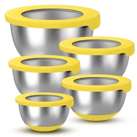 KITEISCAT Stainless Steel Mixing Bowls with Lids – Set of 5 Large Nesting Metal Bowls for Kitchen, Baking, Cooking, Food Prep & Storage, Non-Slip Base, Dishwasher Safe,Yellow