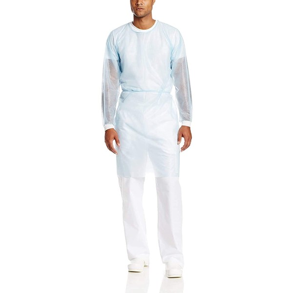 ValuMax 3260B Disposable Isolation Gown Plus, Knit Cuff, Tie Back, Knee Length, Splash Resistant, Blue, Regular Size, Case of 50