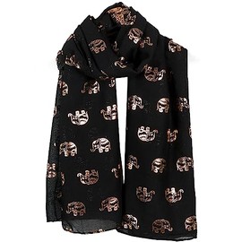 World of Shawls Metallic Rose Gold Elephant Print Women Scarf Shawl Scarves Wrap Beach Cover (Black)