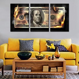 Canvas Wall Art Money Artwork Decor Dollars For Home Decor,3 pieces 100 Dollars ​Cash Money Collection for Mens Office Black and White Decorations for Living Room Framed Ready to Hang 60''x28''