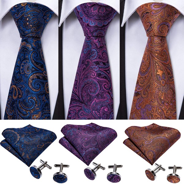 Barry.Wang - Corbata clásica de seda para hombre, diseño de jacquard, 3 unidades, Azul (Paisley), Talla única