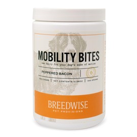 Breedwise Pet Provisions Mobility Dog Treats, Bacon-Flavored Bites, Glucosamine Dog Joint Supplement for Hip Health, 100 Bites, 450g (100 Chews, Peppered Bacon)