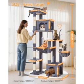 Taoqimiao 71 Inches Cat Tree for Indoor Cats Large Adult, Multi-Level Tall Cat Tower, 2 Cat Condo with 6 Scratching Posts, Super Large Hammcock, Cat Toys, Cozy Basket, Smoky Gray, MS037G