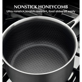 KOCH SYSTEME CS Hybrid Nonstick Stainless Steel Saucepan Set, 1QT & 2QT Triply Stainless Steel Saucepan Set with Hybrid Nonstick Honeycomb Interior, 4-Piece Sauce Pans, Induction Steel Pot Set