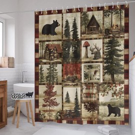 ZCHOMI Rustic Cabin Shower Curtain Farmhouse Country Bear Forest Bathroom Curtains Hunting Camping Waterproof Fabric Washable Bath Curtain 72 x 72 Inch with 12 Hooks