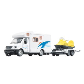 Toi-Toys Camper with Snowmobile Trailer, Metal Toy Car, Caravan & Snow Vehicle, Pull-Out Motor, Model Car from 3 Years