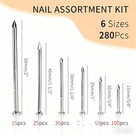 Ywmimn 280 Pcs Nail Assortment Kit, 6 Sizes Finishing Nails for Hanging Pictures, Maximum Length 2 Inches Galvanized, Long and Small Nails for Wall Art