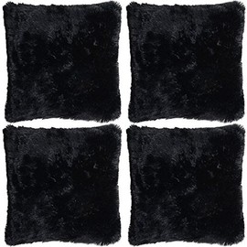 Adore 4 x Super Soft Faux Fur Cushion Cover Covers Cuddly Shaggy 43x43cm, Black